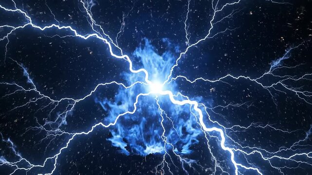 Powerful blue flames combine with intense electrical discharges and bright sparks creating an energetic abstract background.