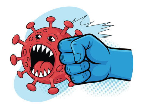 Cartoon illustration of a fist punching a coronavirus with an angry expression