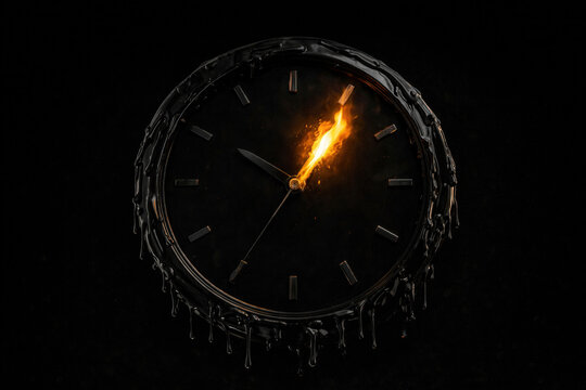 Surreal black clock melting with fire on black background