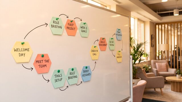  New Employee Welcome and Onboarding Journey Cycle Diagram on Office Wall for Team Integration and First Week Orientation Planning