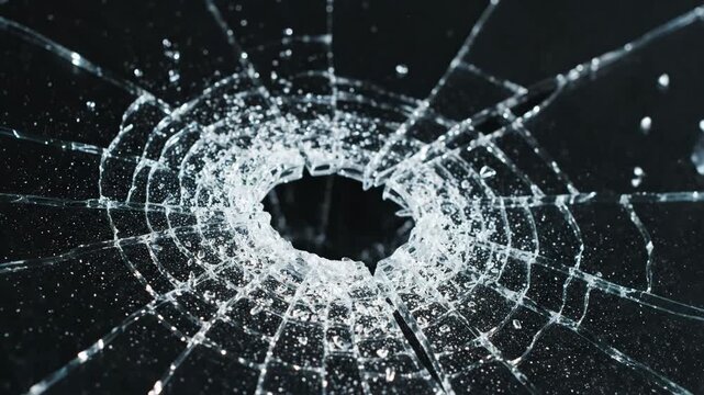 Dynamic footage of a transparent glass surface exploding into sharp shards and intricate cracks.
