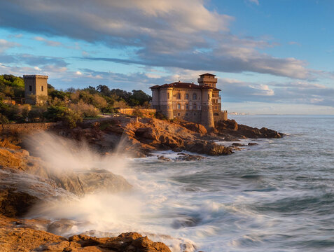 Boccale castle and the sandstone rocks of Romito during a storm at sunset. Livorno, Tuscany region, Italy, Europe