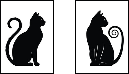 Silhouette of two cats sitting upright in frames, minimalist black and white animal illustration, decorative artwork design concept © Amatullah Nasrin