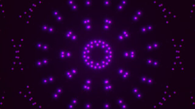 Abstract neon purple bokeh particles arranged in a radial kaleidoscope circle, softly glowing on dark background, ideal for futuristic, music, and tech visuals