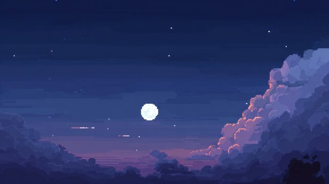 Serene Night Sky with Full Moon and Colorful Clouds in Digital Art Style for Tranquil Atmosphere and Scenic Beauty