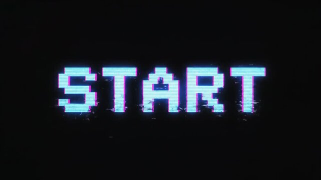 Dynamic pixelated START text with digital glitch and chromatic aberration on a dark background. Retro gaming or system error visual effect.