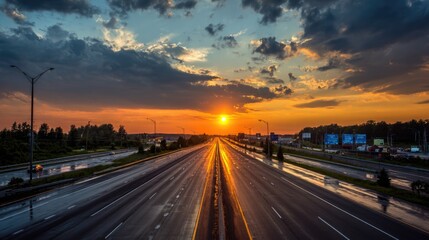 Obraz premium Breathtaking Sunset Over Empty Highway with Reflections and Dramatic Clouds in a Scenic Landscape View