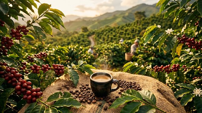 Kopi Robusta segar di ladang kopi hijau di pegunungan dengan latar belakang pemandangan alam yang indah dan suasana damai di pagi hari