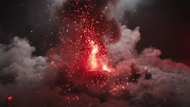 Dynamic visual of a large-scale fiery blast, featuring glowing embers and dense smoke clouds.