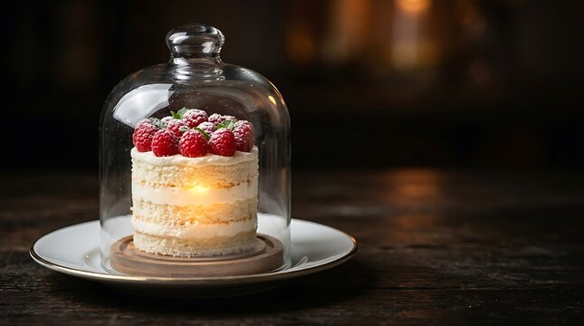 Kue cake lapis vanilla dihiasi beri raspberi segar dan disajikan dalam gelas kaca kecil di atas piring putih di suasana cozy dapur