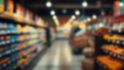 Obraz premium Blurred View of a Grocery Store Aisle with Products and Shoppers.
