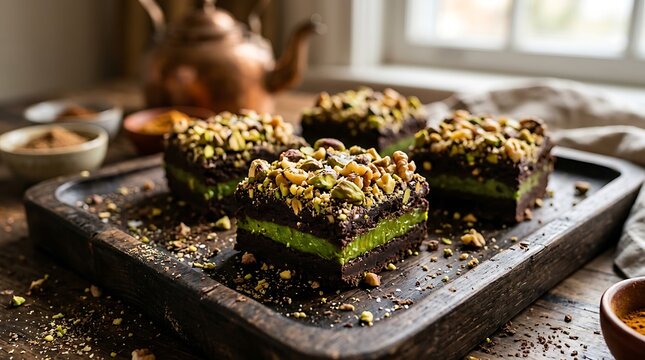 Kue lapis cokelat dan hijau dengan taburan kacang di atasnya tampak lezat dan menarik, disusun di atas papan kayu untuk hidangan penutup sehat dan authentic