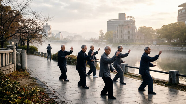Elderly men practicing tai chi by the river at dawn