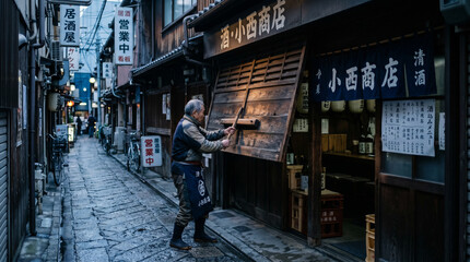 Naklejka premium elderly man hammering wood outside traditional shop