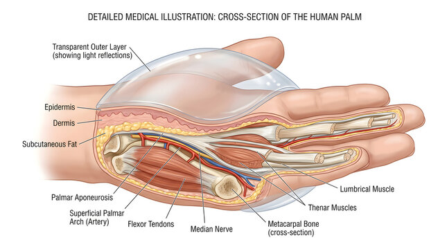 Detailed medical illustration of a sagittal cross‑section through the human palm under a transparent outer layer, showing skin, dermis, subcutaneous fat, palmar aponeurosis, flexor tendons, median ner