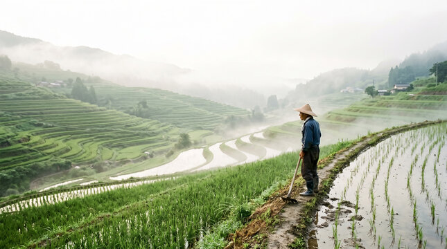 Farmer working on lush terraced rice fields in misty landscape