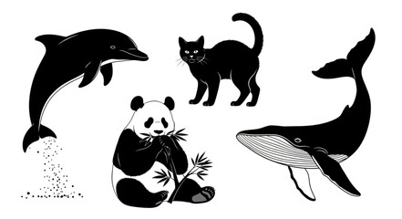 Collection of Black Silhouette Animals Dolphin Panda Cat Whale. © Jarwo