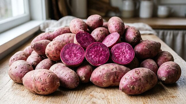 Kumpulan Ubi Jalar Ungu Segar dan Apel Ubi yang Baru Dipotong di Meja Kayu di Dekorasi Rumah