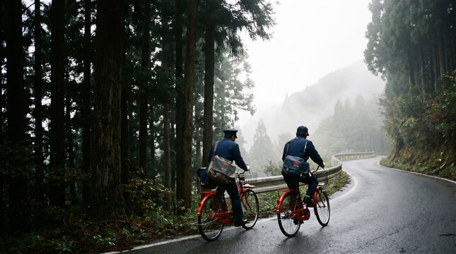 Cyclists Riding Through Misty Forest Mountain Road