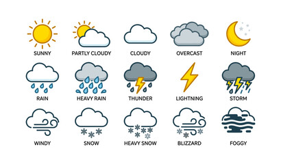 Obraz premium Weather condition icons arranged in grid on white background