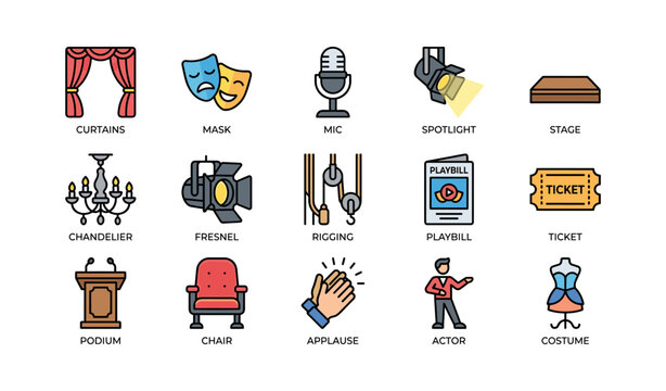 Theater symbols arranged showing stage items on white background