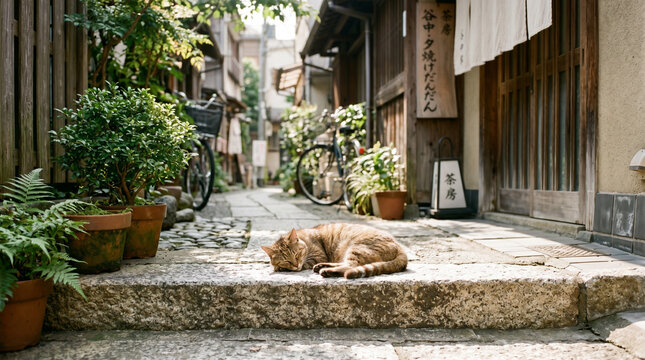 Tranquil cat resting in narrow alleyway in Kyoto