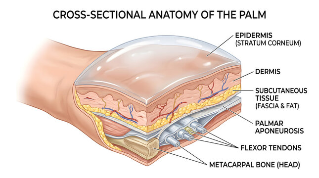 Cross‑sectional anatomy of the palm showing layered structure of epidermis, dermis, subcutaneous fascia and fat, dense palmar aponeurosis, underlying flexor tendons and metacarpal bone head that suppo