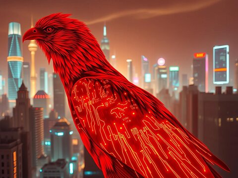 Crimson avian silhouette against electric cityscape, circuitry patterns glow on sleek feathers, red bird,  tech