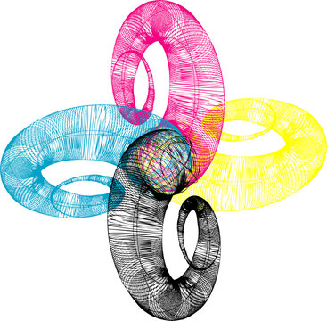 CMYK colored abstract 3D wire frame spiral golden ratio shape