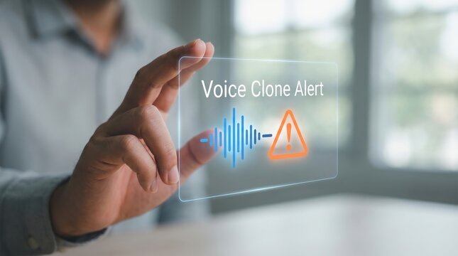 AI-driven fraud - A hand blocks a phone screen showing an incoming call with a scam warning, highlighting voice impersonation and fraud prevention.