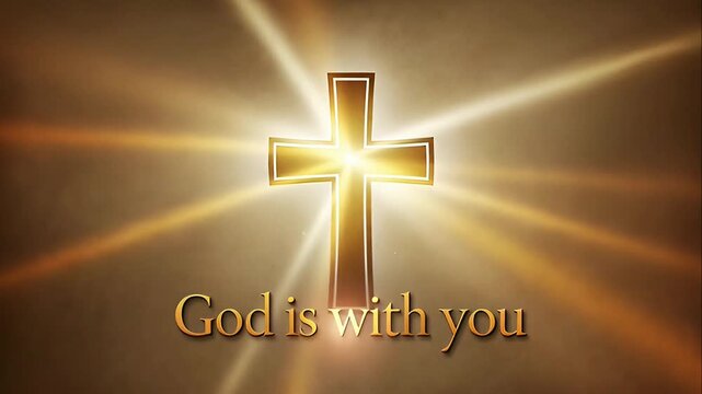 Golden Christian cross with emanating divine light rays and "God is with you" text for spiritual faith concept and religious comfort