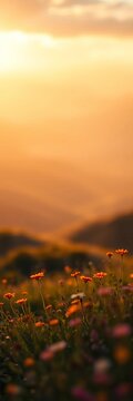 Golden haze softens rolling hills, sun-kissed meadows bloom in muted hues Soft focus blurs edges, creating a painterly dreamscape,  ethereal,  rolling landscape