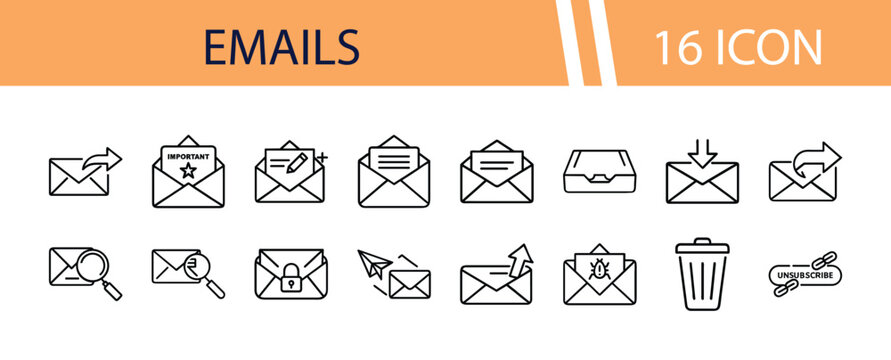 Email communication vector icon set, 16 outline mail icons for digital messaging. Modern email marketing symbols, web interface elements, and notification graphics.