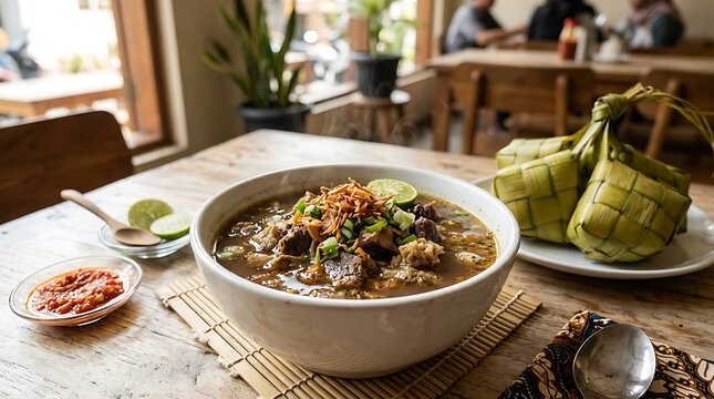 Makanan khas Indonesia berupa soto daging kuah kaldu gurih dengan taburan rempah dan irisan tomat di restoran tradisional