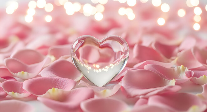 A heart-shaped diamond surrounded by a sea of pink rose petals