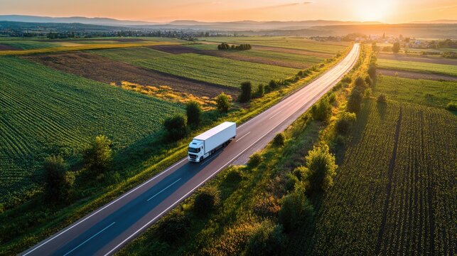 Tranquil Scenic View of a Truck Driving Along a Winding Road Through Lush Green Fields at Sunset