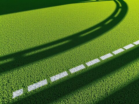Stadium's woven texture, a geometric dance of turf and chalk lines, captured with crisp detail,  lines,  athletic field