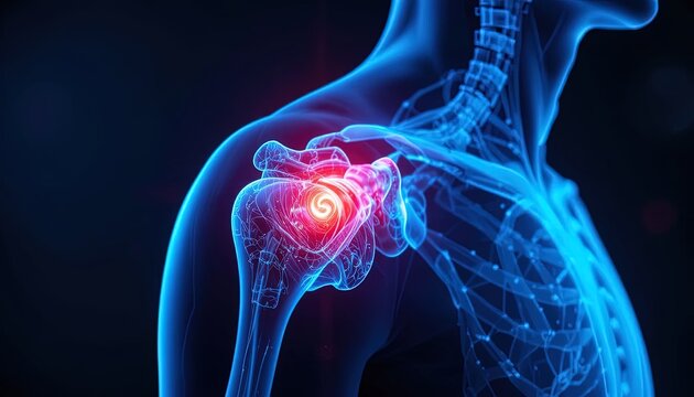 Human Shoulder Anatomy Illustration with Pain Indication, Blue Tones