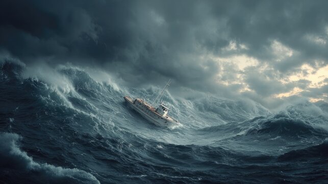 Stranded Boat Struggling Against Giant Waves in Stormy Ocean with Dark Skies and Dramatic Lighting Effects