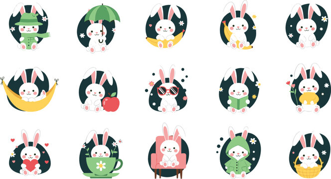Cute bunny characters set in different poses and activities, adorable rabbit illustrations for kids, Easter theme, playful cartoon vector collection design
