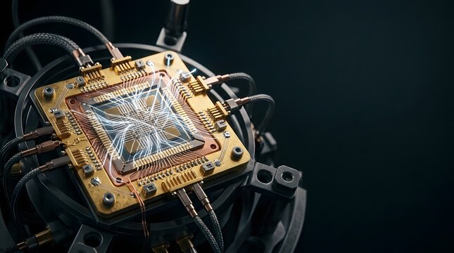 Golden glowing high tech computer processor on a circuit board