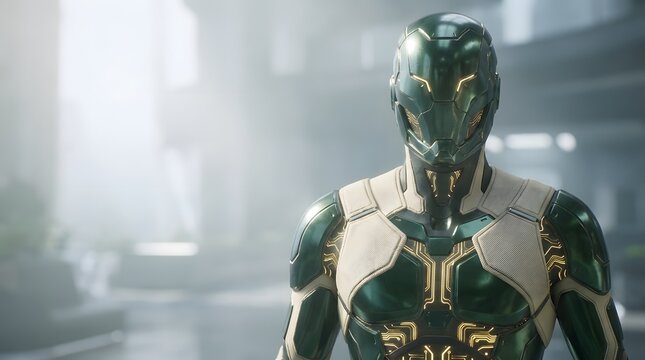 Green and black mechanical alien robot looking at camera