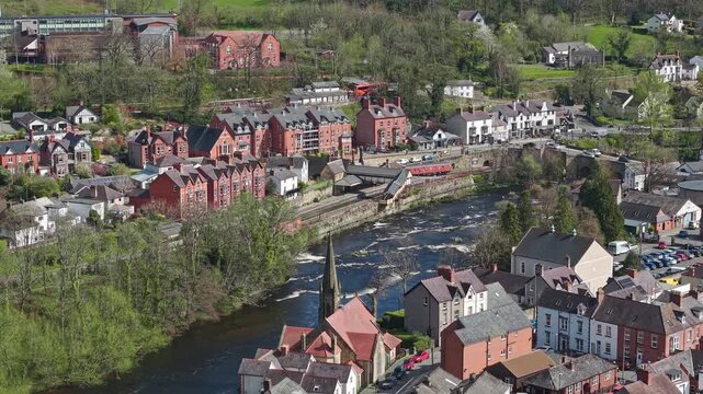 Overhead perspective of the urban centre of Llangollen and the River Dee in North Wales