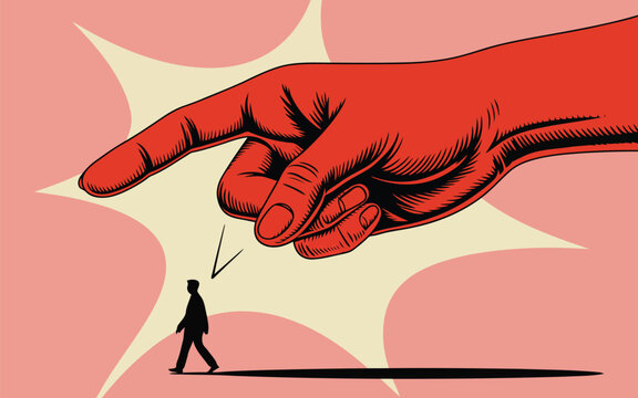 Overwhelming power a giant hand threatens a small figure in a stark illustration