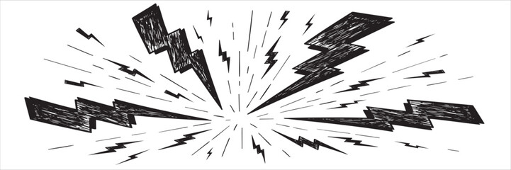 Hand drawn lightning bolt explosion effect, comic book style, electric spark, vector illustration isolated on white background. © injala