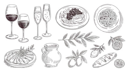 An elegant sketch featuring wine glasses pasta cheese and fresh botanical elements © Outline Icon Set
