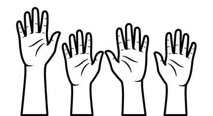 Fototapeta premium Raised Hands Group Vector Illustration, Diverse People Voting or Participating, Minimalist Line Art Graphic for Social Awareness and Community Engagement Concepts