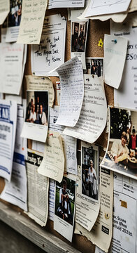 A corkboard covered in various pinned papers, photographs, and handwritten notes, suggesting a community notice board or a personal workspace.