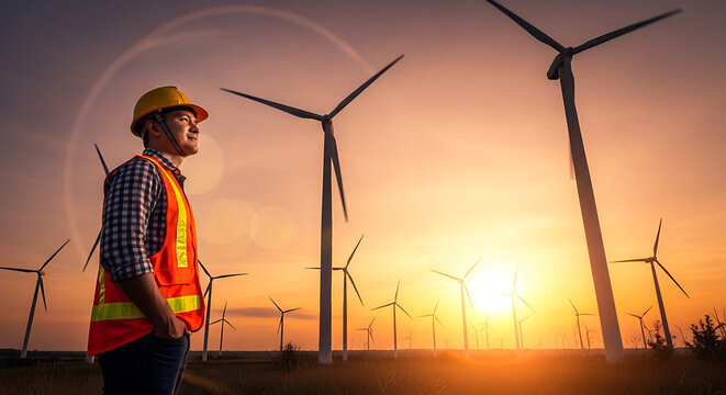 Man wearing hard hat and safety vest surveys wind turbines at sunset, highlighting renewable energy and sustainable power generation
