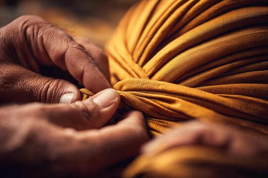 Extreme close-up detail of a Sikh dastar (turban) being tied fingers pressing sharp pleats into deep saffron fabric, blurred background of golden morning light